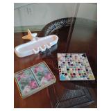 Unique Airplane ashtray, Mosaic Trivet, 2 pack playing cards.
