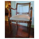 Louis XVI style armchair, painted/inlaid satinwood frames and decorative floral motifs. Missing cane back, needs repair and seat is stained. The frame is beautiful. Back height 35 3/4", seat height 19
