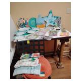 Summer Fun Party Corelle plates & platter, plastic trays, porcelain Party Lights plates, 2 sets placemats, dish towels, crate barrel cloth Umbrella napkins, cheese knife/fork set, spiral wind twister,