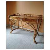Rattan writing desk, 29" H, 32" back with rail, 43" W x 22 1/2" D. Back right corner rattan unraveling. White crackle finish drawer handle and X
