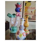 SOLIMENE Ceramic Rooster 16" T, Vase and Candlestick in happy colors and patterns.