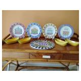 4 Birthday Plates hand-painted Italian. Ceramic Serving Tray, in a whimsical farmhouse style. 4 Banana Split dishes or "banana boats". *** Added  4 ice cream cone handled spoons ***SEE PICS.
