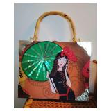 Romeo Roma beaded cigar box handbag featuring a bamboo handle. 9 1/2" x 7 1/2" x 2 1/2"