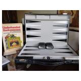 Faux Black Crocodile Backgammon Set Case Game 15x10.5” lightly used, and the book "Underhanded Backgammon"