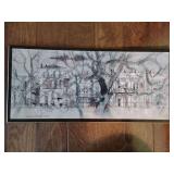 Art print depicting  New Orleans street scene,  titled "Houses on Esplanade Avenue". Mounted on fiberboard, 16 3/4" L x 7 3/4" T. Corners on right scuffed, see pics.