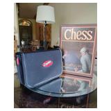 Vintage 1970 Staunton French Wood "Bookcase" Chess Set 2 1/2" King, chess board has split into. and 2001 Travel Scrabble Game In Zippered Case