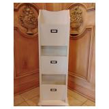 White wooden file/mail holder, organizer, freestanding on little ball feet or hangable, rubbed bronze lable holders, few little nicks, see pics. 38" T x 12 1/2" W at bottom, each pocket is 9 3/4" W x 