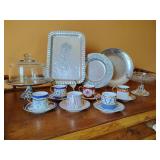 Trade Continental Tray hand-wrought aluminum metalware, Wilton Armetale Zia round tray, Vintage pewter plate, Vintage glass dish, footed, clear glass with pink or green floral accents and a scalloped 