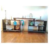 Modern, dark wood open-shelf bookcase, 3 separate pieces, 2 side units 34" W x 24" H, top middle unit 3 3/4" T x 42" W. Other contents not included.