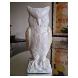 Vintage Belleek Ireland owl vase, featuring a glossy white and yellow lustre porcelain finish, 8 1/4" T