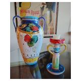 Italian pottery, two handled vase 14 1/4" T and candlestick 8 3/4".