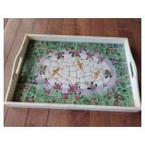 Decorative mosaic tray, with dragonflies. Colors go with Lot#242. Paint is chipping around wood edges. 19" x 13".