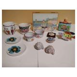 Intl. Mix small hand painted items, wooden box, shell salt/pepper shakers, missing stoppers. 13 pieces.