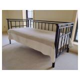 Aspen Daybed, Youth Bed, Iron Style, Modern Geometric design, Matte Black Finish, Southerland Mattress, reversible quilted spread, light green and cream, pillows.