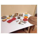 Norpro Rainbow Wood kitchen items, 4 Laurie Gates ceramic poppy dishes. 2 Pottery Barn Cambria Stoneware Appetizer Plates in the color Red. 3 vintage, hand-turned wooden bowls. 1 collectible hand-pain