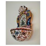 Portuguese hand-painted ceramic wall-mounted holy water font 3" x 6".