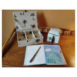 Gorham Sterling Letter Opener, Illustrated Address Book, Tri-Coastal Fabric covered storage boxes desk set.