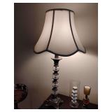 Traditional style table lamp silver resin base with stacked crystal-like orbs and a white fabric shade. 32" T x shade is 16" across at bottom