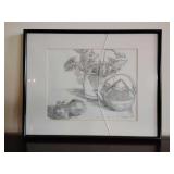 Pencil sketch of a still life featuring a teapot, onions, and leafy plants, 14 1/2" x 11 1/2". The glass is broken.
