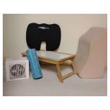 Xtreme Comforts Orthopedic Memory Foam Seat Cushion designed to relieve tailbone pain and improve posture. Spine Reliever Bed Wedge, marbled blue foam roller, myofascial release, self-massage, and imp