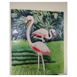 Flamingo Tile unique ceramic wall tile featuring a tropical flamingo scene. Hand-painted ceramic relief tile. 13" W x 16" T.