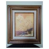 Framed oil painting on canvas, seascape scene with seagull and sand dunes, prominent textured wooden frame. 14 1/2" x 16 1/2".