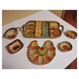 Italian Hand Painted Serving Dishes, Rustic, aesthetic with warm yellow and orange tones, associated with Italian or Mediterranean tableware. 7 pieces. Added 7th piece after 1st photo.