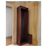5 Shelf, tall, narrow, dark, wooden bookcase, missing pegs for shelves, may never have been fully set up. 6
