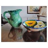 Mexican Talavera Pottery Bowl 10" Sunflower and Lillies, and a Vietri Foglia Leonardo Italian pottery Majolica pitcher featuring a green lemon leaf design.