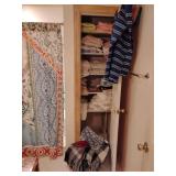 Linens: 2 shower curtains, cute hook set, upholstery fabric blue & white squares, 2 throws, fleece blanket, sheets, pillow cases, beach towels, many cute embroidered towel sets, more towels.