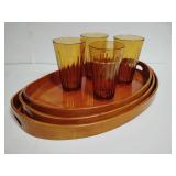 Vintage nesting wooden serving tray set, and Set of 4 KIG Indonesia Amber flat bottomed tumblers.