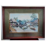 Mid-Century impressionistic scene of a Thai floating market, commonly featuring sampan boats on canals. Nicely framed, 22 3/4" x 17".