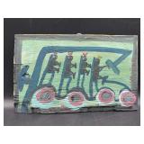 Authentic and original Mose T Folk Art Bus Ride with signature soda can tab hanger…..14-3/8 x 9