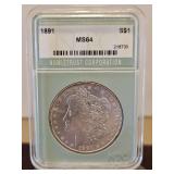 Slabbed 1891 Morgan Dollar S$1 MS64 NTC...