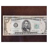 1950 $5 Dollar Green Seal Federal Reserve U.S Note B New York NewYork...