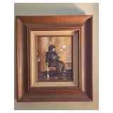 Framed oil on canvas of lady spinning wool. 17x19 in
