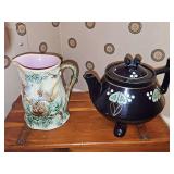 Antique Majolica pitcher with bluebirds and a nest of babies. Has crazing. 7 in tall. And an 8 in tall teapot. See all photos.