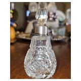 Czech cut glass perfume bottle with sterling collar as indicated by paw-up lion. 4.5 in tall