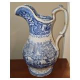 Large blue transfer wear pitcher. Has repairs yet makes a lovely display piece.