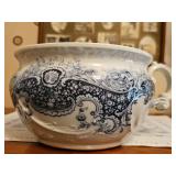 Blue transferware porcelain chamber pot. 11.5 in diameter including handle, 5.5 in tall.