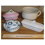 Four Vintage/antique items. Child size chamber pot, soap dish, razor/toothbrush dish, covered dish. See all photos.