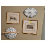 Pair of vintage/antique blue transfer wear domed lids used as wall decor. Etchings not included.