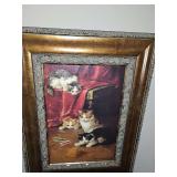 Framed print titled "The Ball of Yarn" by the 19th-centur French artist Alfred-Arthur Brunel de Neuville. He was known for life-like animal paintings. 21.5x27.5 in tall