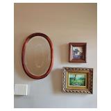 Oval mirror 14x20, double framed oil on canvas of a tree and flowers 12x 10.25, barn print with distressed wood look frame 7.5 x 8.5.