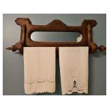 Antique towel bar with two linen hand towels. 24x10 in tall.