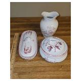 3 pieces of red transferware. Soap dish, vase, and razor/toothbrush holder.