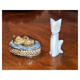 Artist signed mother of pearl cat, has great colors.  2 in tall. And a Monet trinket box with a sleeping cat in top. 2x1.5 in tall.