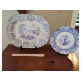 Blue transfer wear antique platter and plate.