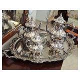 Wonderful Towle silver plate coffee and tea service. Includes coffee pot, teapot, creamer, covered sugar, and serving tray.