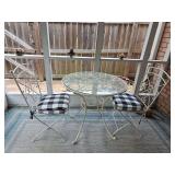 Patio set. Table is 31x wo in tall. Chairs are 15x16x36 in tall. Seat height is 17.5 in